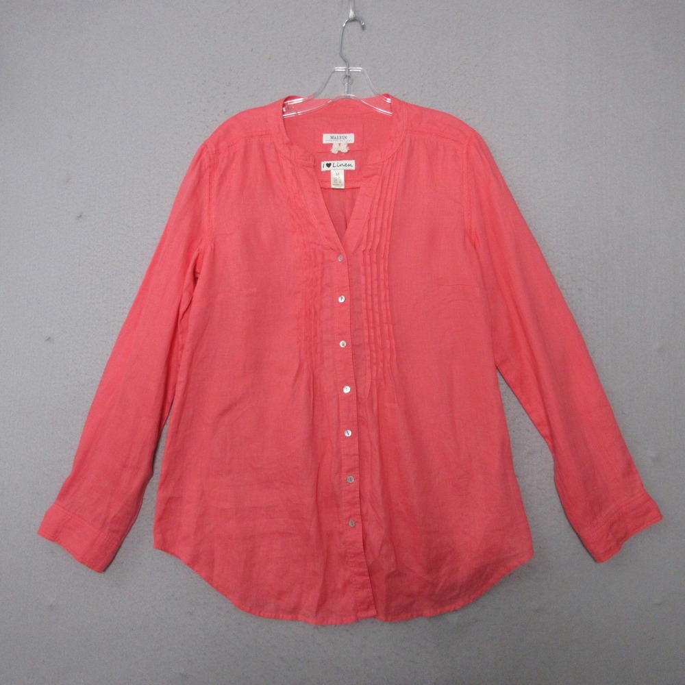 Malvin Tunic Top M Coral Linen Pintuck‎ Roll Tab Sleeve Lagenlook Coastal Boho